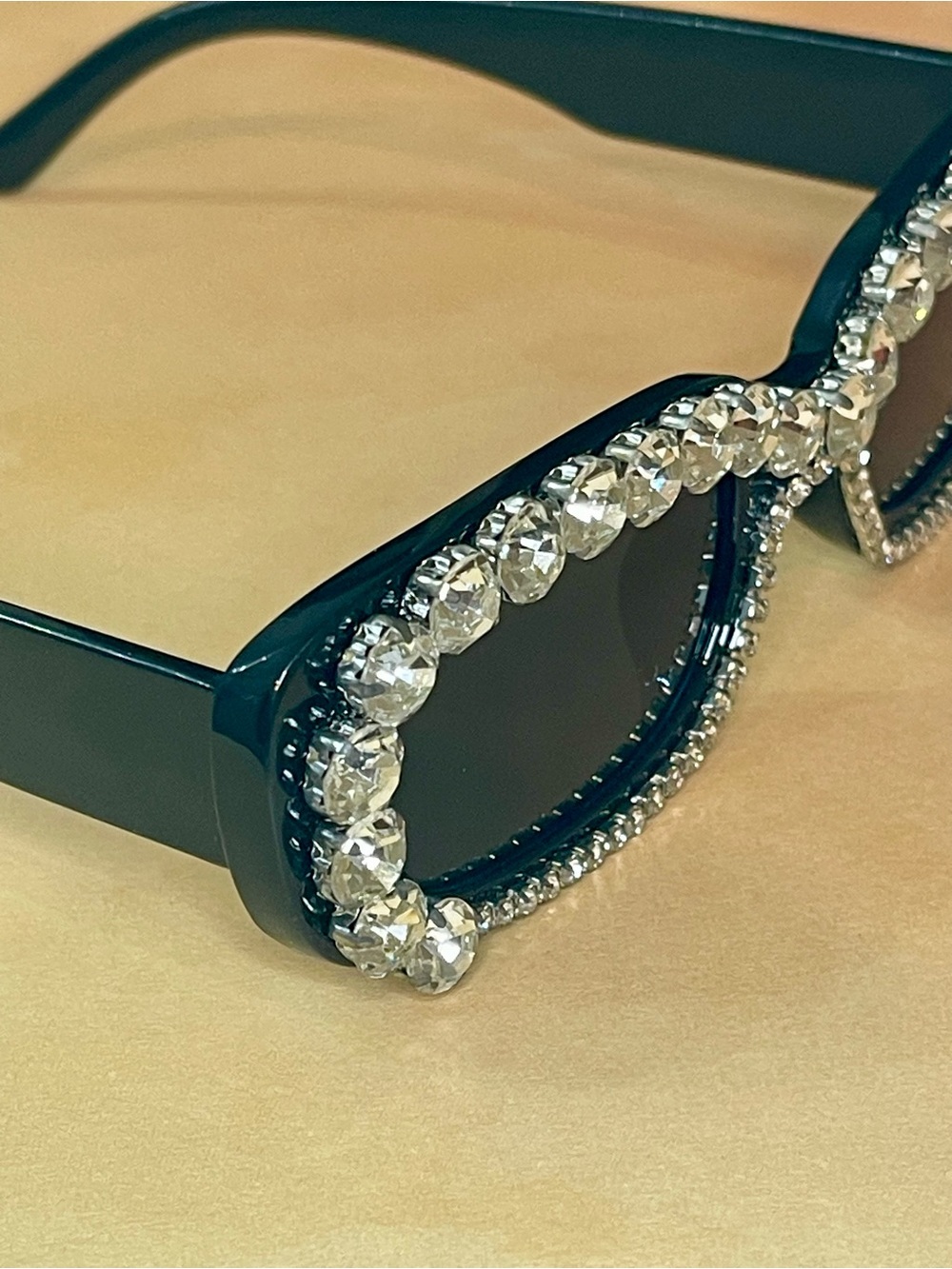 Anthropologie Boho Glam Black Crystal-Trim Rectangular Embellished Sunglasses - Picture 3 of 16